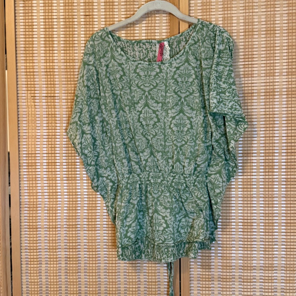Cinnamon Sage Green‎ Damask Batwing Sleeve Elastic Waist Tie Back Top Size XL